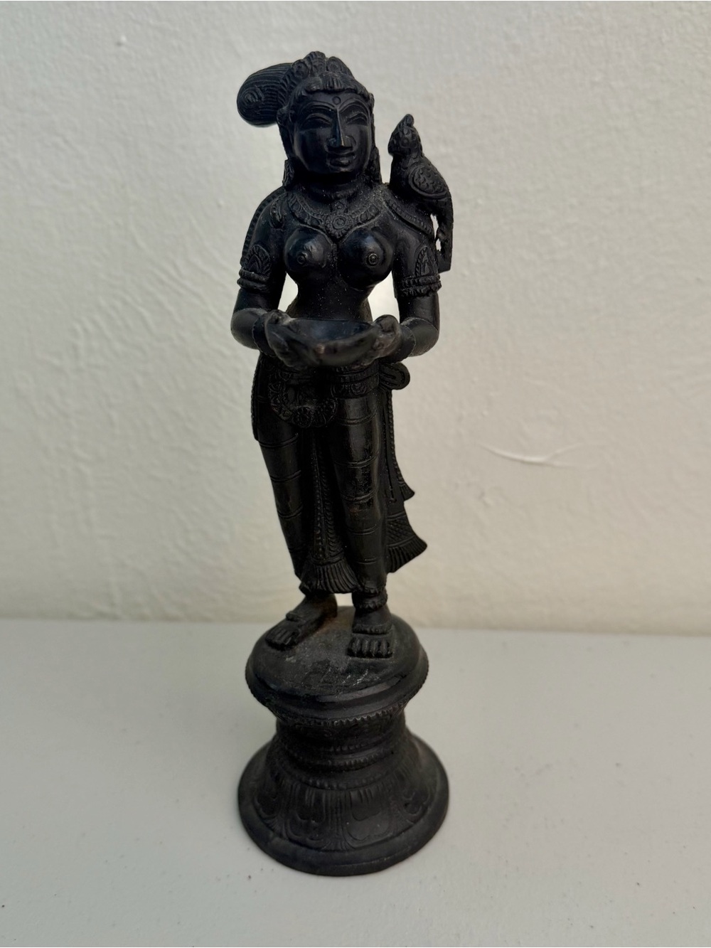 Indian Bronze Deepalakshmi Oil Lamp Goddess Statue Parrot 8.5” Hindu Sculpture